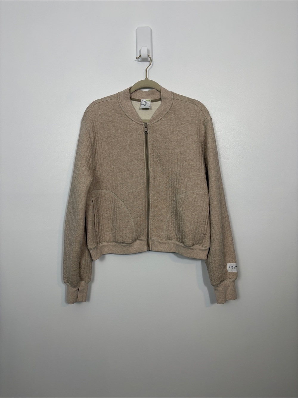 Offline by Aerie Oatmeal Full Zip Ribbed Sweater Women’s Size Large Soft Pockets